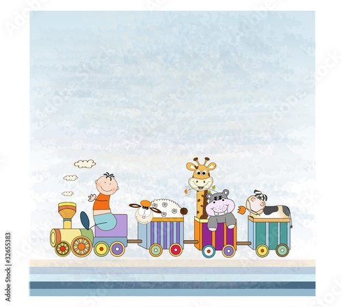 customizable birthday card with animal toys train