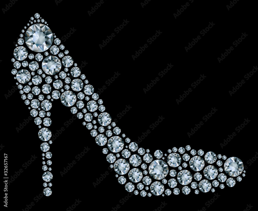 Shoes shape made up a lot of diamond on the black background