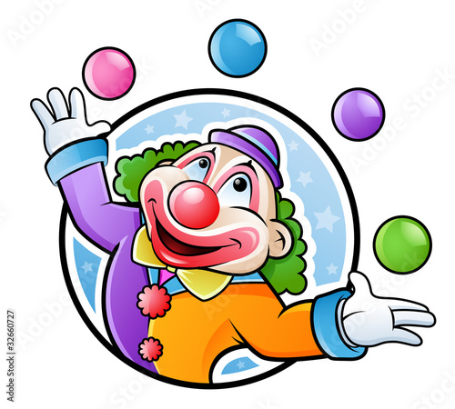 Happy clown juggling with balls in many colors