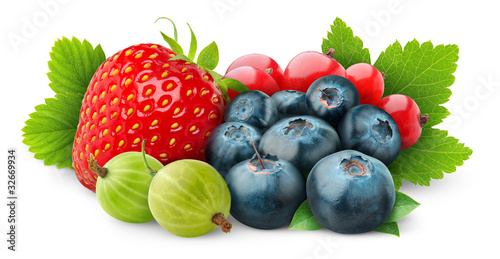 Fototapeta Naklejka Na Ścianę i Meble -  Isolated fresh berries. Strawberry, blueberry, red currants and gooseberry fruits isolated on white background