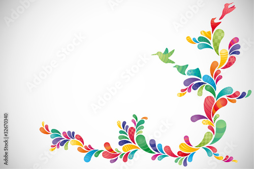 Abstract background w/ colourful swirls morphing into birds II