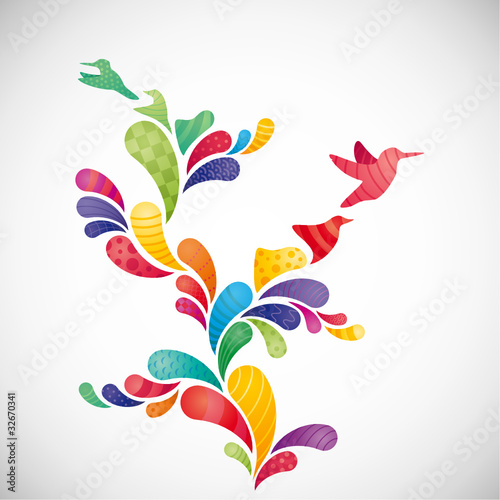 Abstract background w/ colourful swirls morphing into birds III