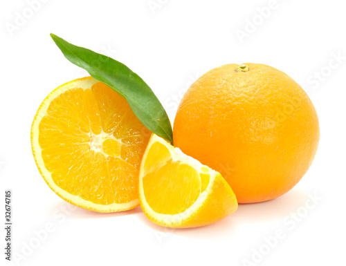 Oranges with Green Leaf Isolated on White Background