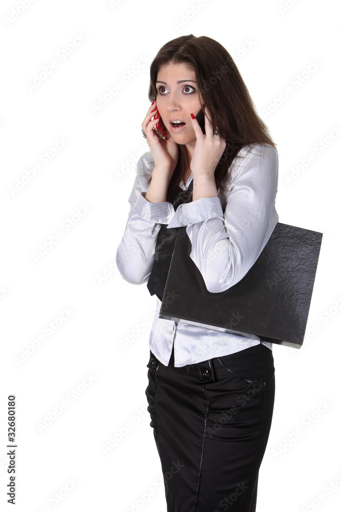 Businesswoman speak two phones