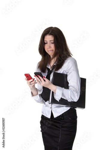 Businesswoman speak two phones