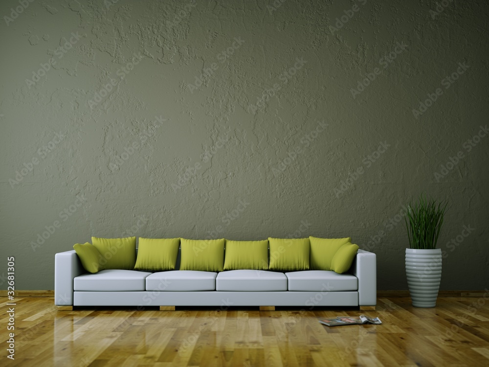 3d Rendering weißes Sofa mit grünen Kissen - obrazy, fototapety, plakaty 