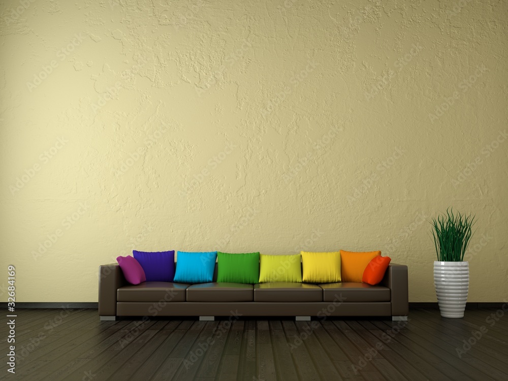 Braunes Leder Sofa mit bunten Kissen StockIllustration Adobe Stock