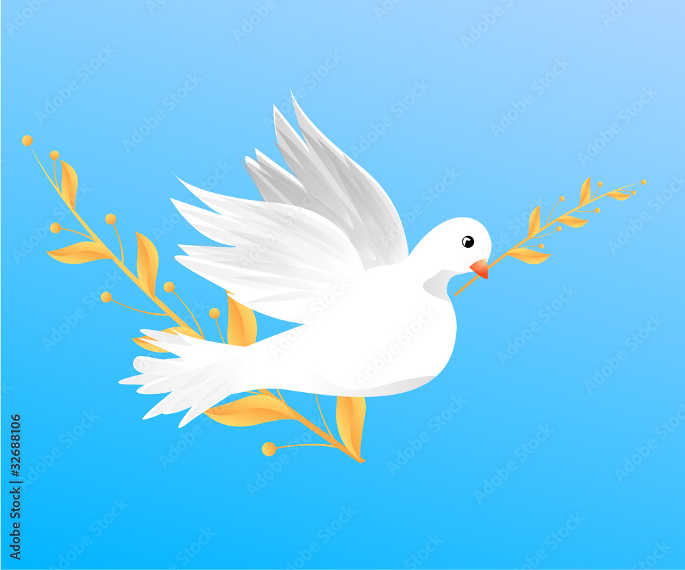 Fototapeta premium Flying White Dove holding a Branch
