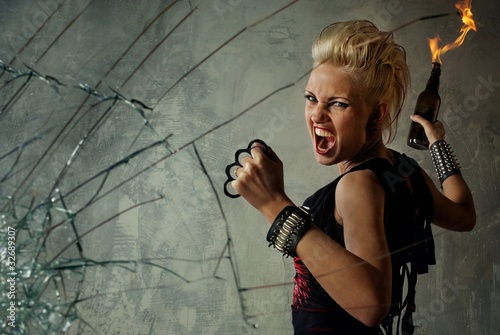 Fotografie, Obraz Punk girl behind broken glass