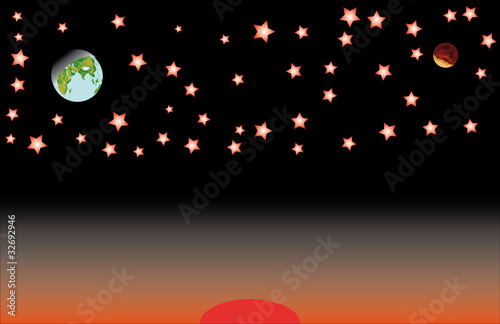 The red-black night sky of twilight c moon and earth