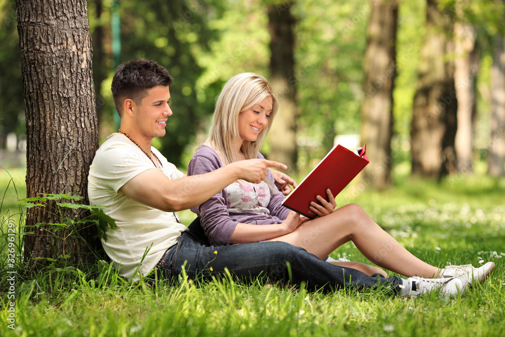 Boyfriend and girlfriend reading a book in a city park Boyfriend and girlfriend reading a book in a city park