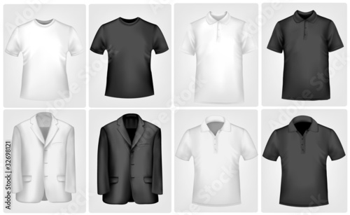 Black and white men polo shirts and t-shirts. vector