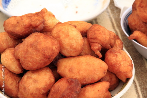 Sweets Typical bunuelos Puertomingalvo market Teruel Spain photo