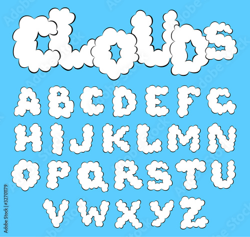 Vector white clouds alphabet on a blue sky background