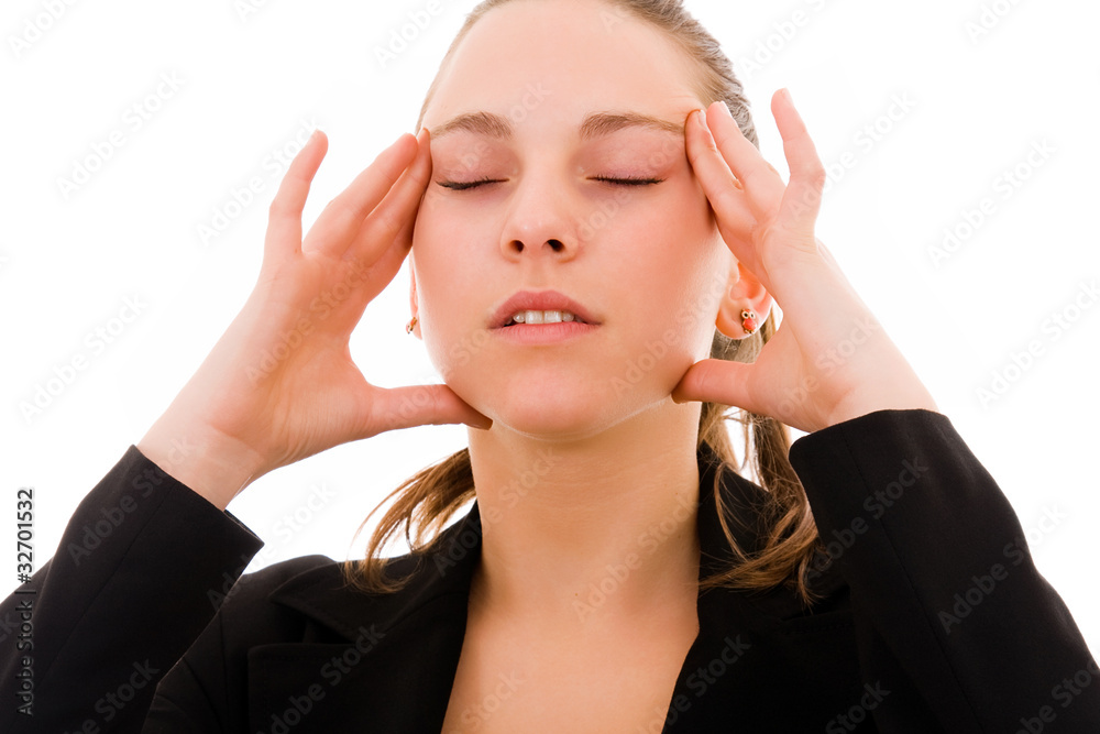 Closeup portrait of a young woman in agony with headache Closeup portrait of a young woman in agony with headache