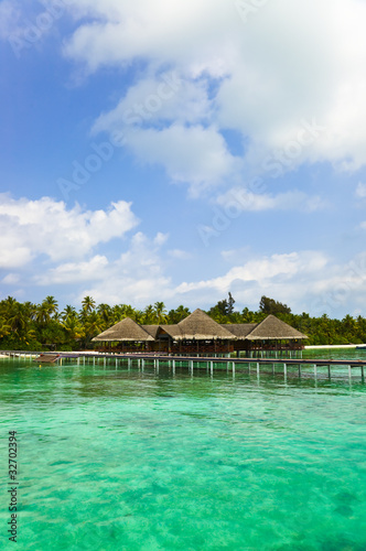 Water cafe on a tropical beach at Maldives