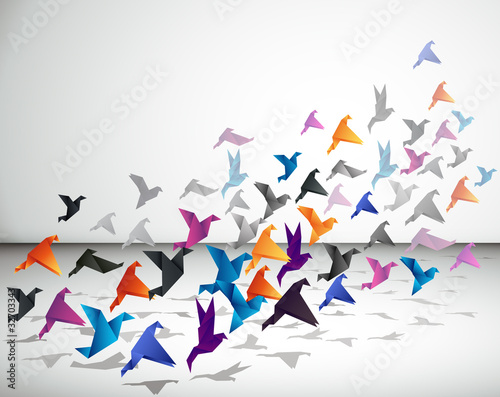 Indoor flight, Origami Birds start to fly in closed space. #32703343