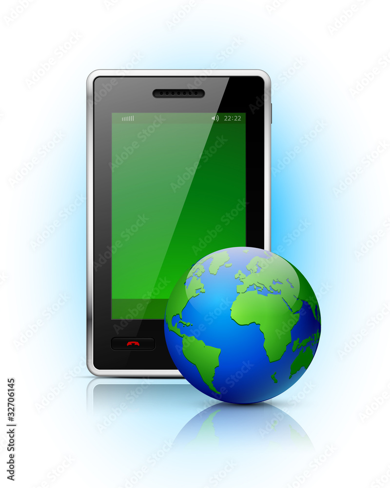 Mobile phone with globe on blue background. Mobile phone with globe on blue background.