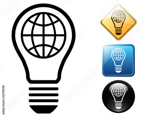 Electric light bulb with earth icon pictogram and signs