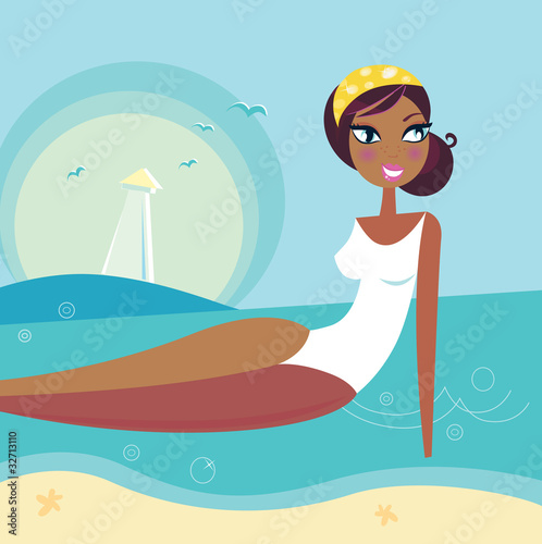 Retro beach summer girl relaxing in sea water. Vector
