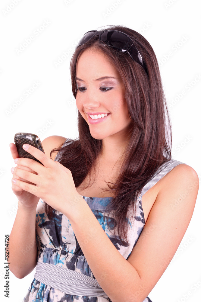 portrait of happy woman with mobile phone . portrait of happy woman with mobile phone .