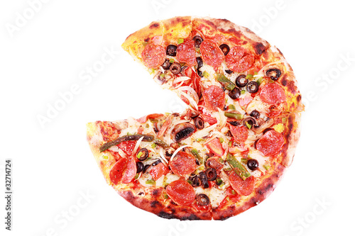 Pizza with one slice removed Isolated on white.