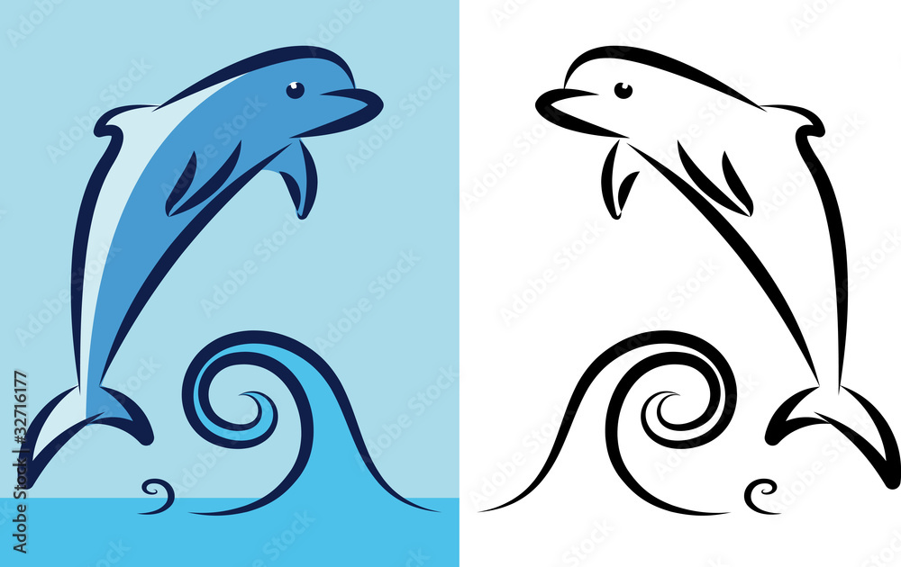 Fototapeta premium Little dolphin at sea. Vector illustration