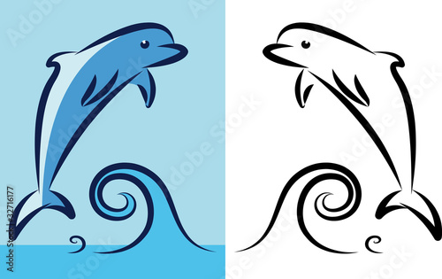 Little dolphin at sea. Vector illustration