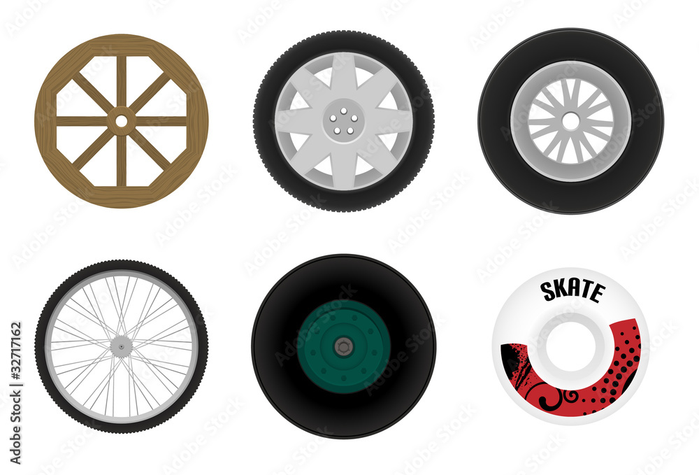 Set of different wheels. Vector illustration. Set of different wheels. Vector illustration.
