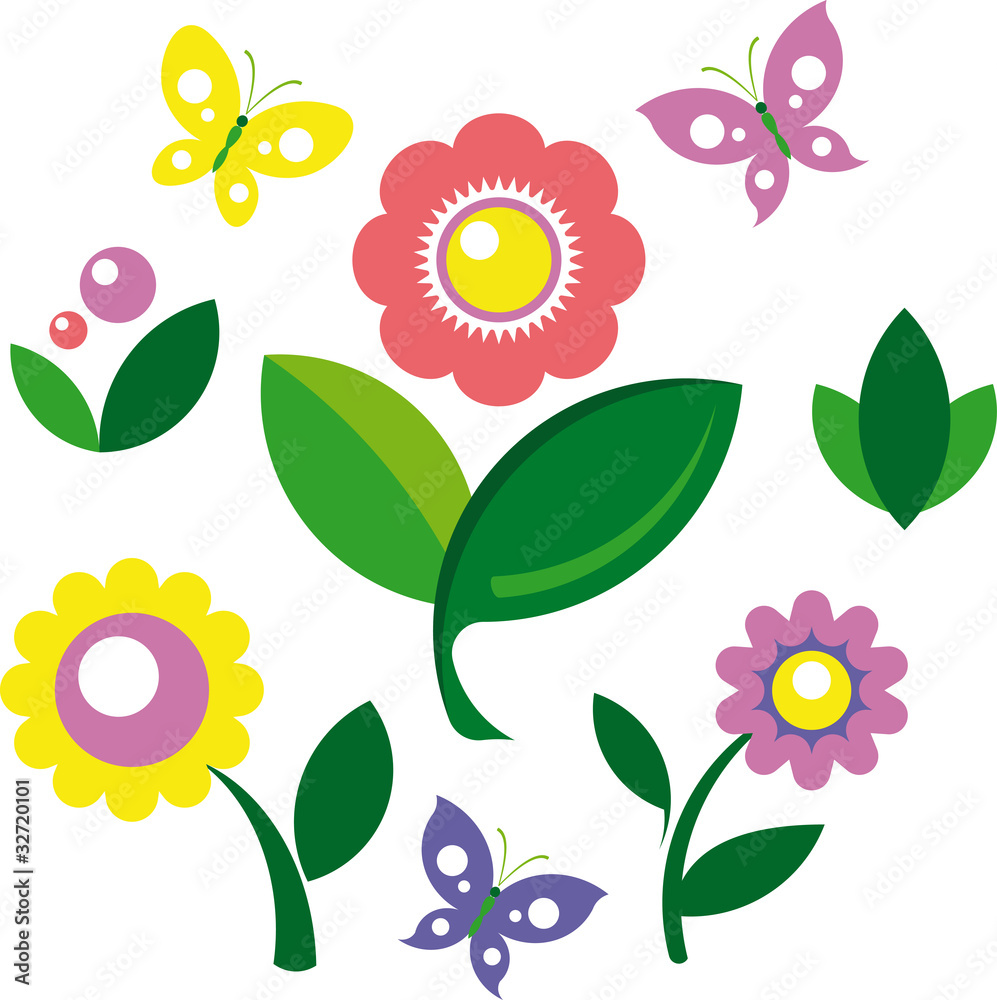 Summer flowers and butterflies – Vector illustration