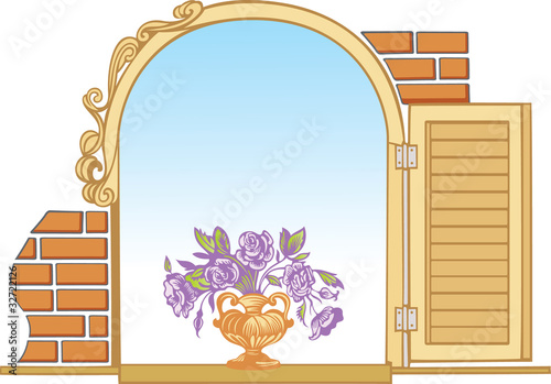 wooden opening old window and flowers