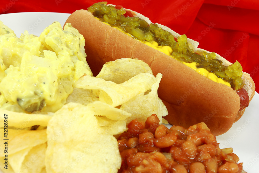 Hot Dog With Potato Salad, Chips, And Baked Beans Stock Photo Adobe Stock