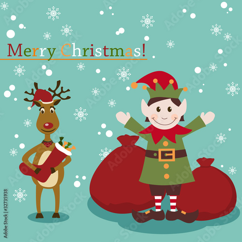 Christmas and New Years greeting card with elf and deer