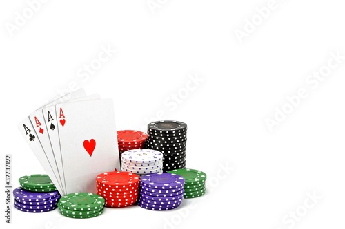 4 aces with a stack of poker chips on white background