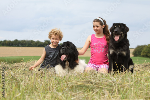 Obraz na płótnie deux enfants et leurs chiens w salonie
