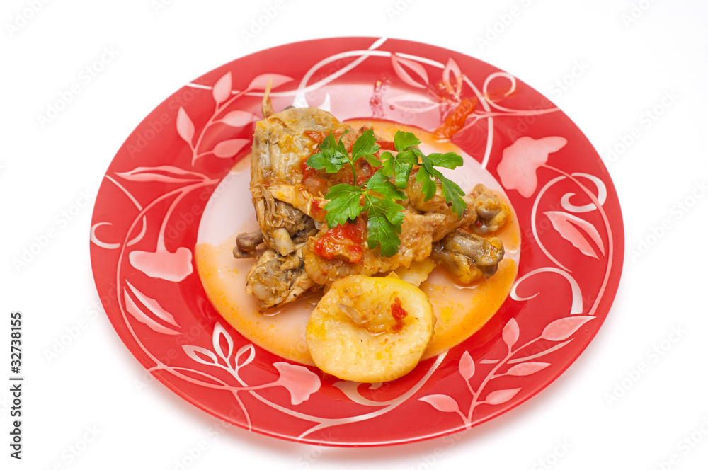 Chicken and potatoes cooked in tomato sauce isolated on white Chicken and potatoes cooked in tomato sauce isolated on white