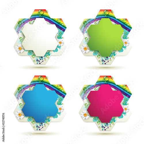Backgrounds with drops and rainbow isolated on white