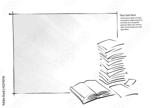 border - book and  sheets of paper icons, simple freehand drawin