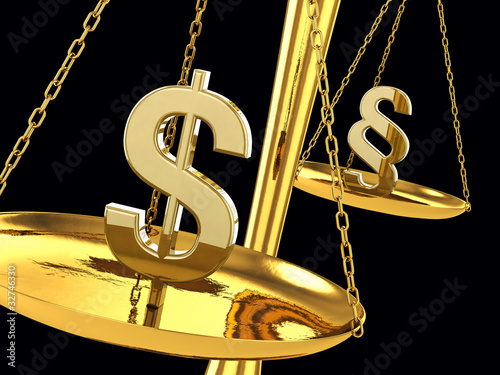 Dollar and paragraph sign on a brass scale , 3d illustration