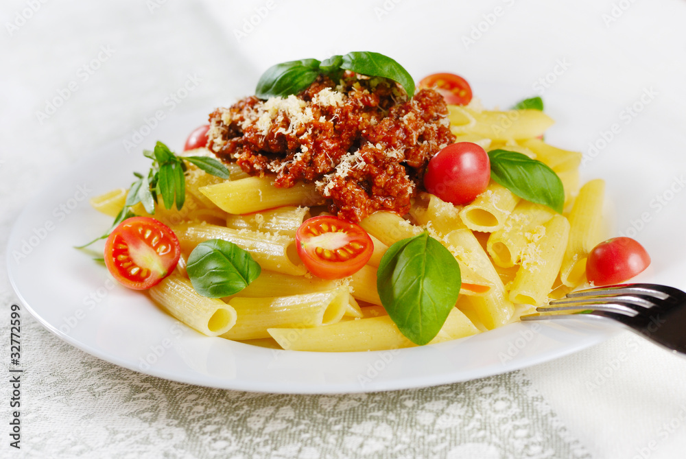 Pasta rigatoni on the white plate Pasta rigatoni on the white plate