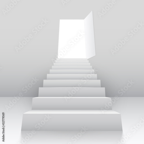 White staircase to open door.