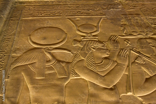 Relief of Egyptian Gods in Temple in Kom Ombo photo