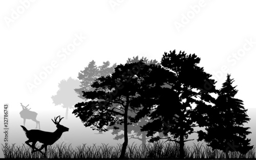 trees and running deer silhouette