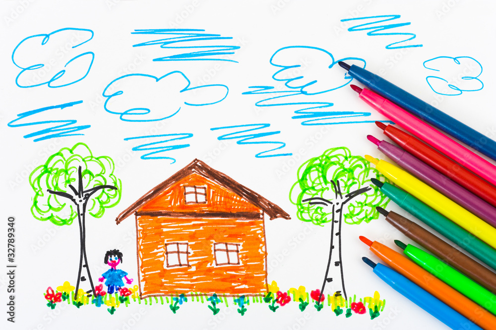 Child's drawing and pens