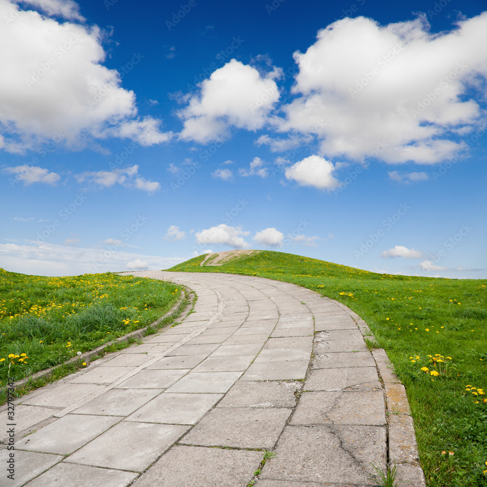 Sidewalk on green grass with blue sky