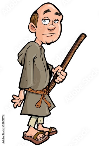 Cartoon monk with a walking stick