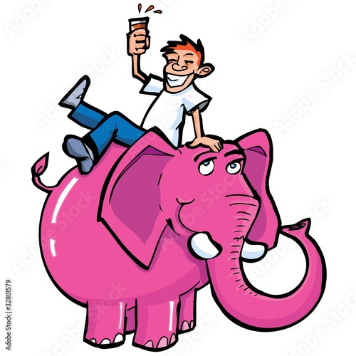 Cartoon drunk man riding a pink elephant