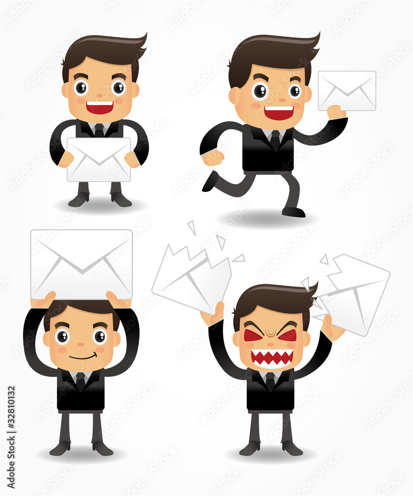 set of funny cartoon office worker with email icon set of funny cartoon office worker with email icon