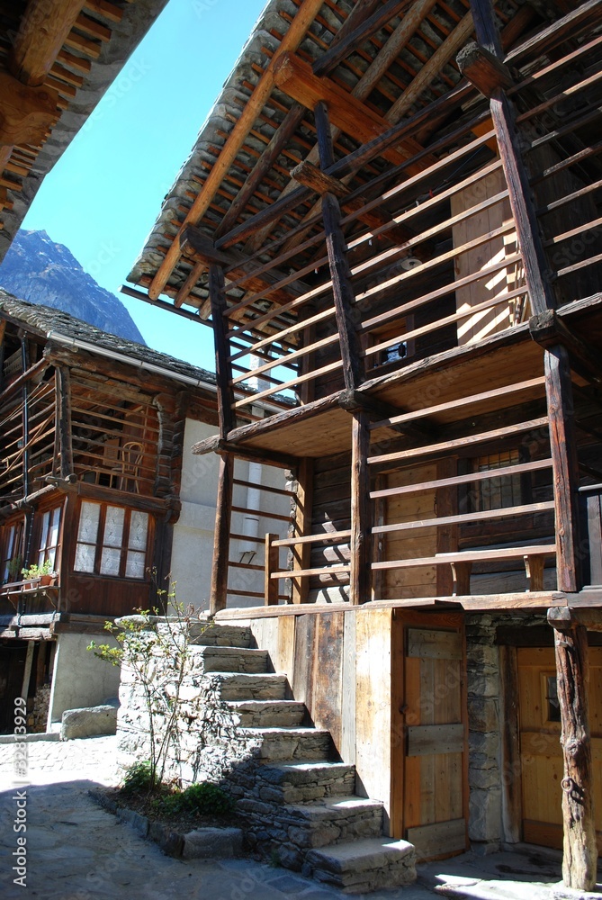 Obraz premium Waltzer wooden chalet, Alps mountains, Alagna, Piedmont, Italy