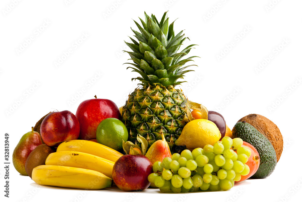 Fresh fruits isolated on a white . Set of different fresh fruits Fresh fruits isolated on a white . Set of different fresh fruits